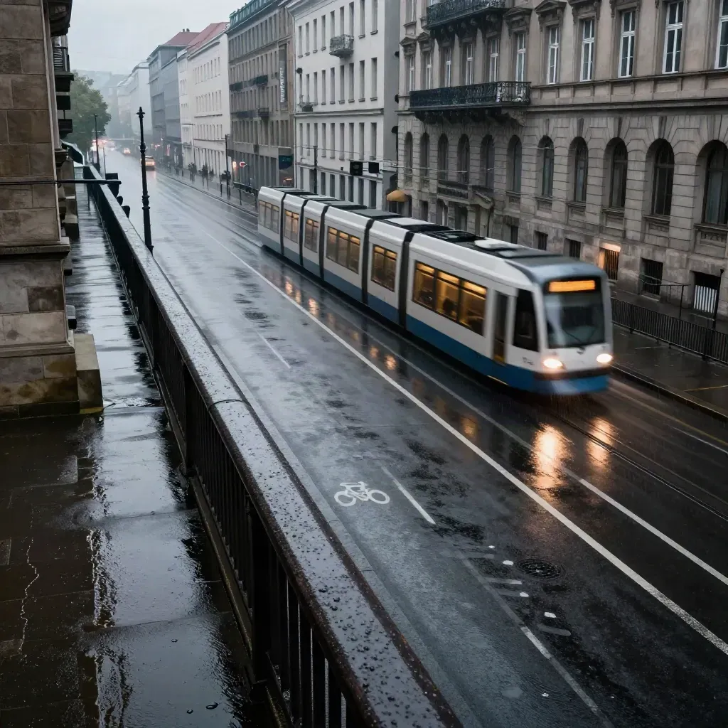 Nasse Berliner Straße mit Tramlicht, Altbaufassaden und Regenspuren von einer Brückenkante.