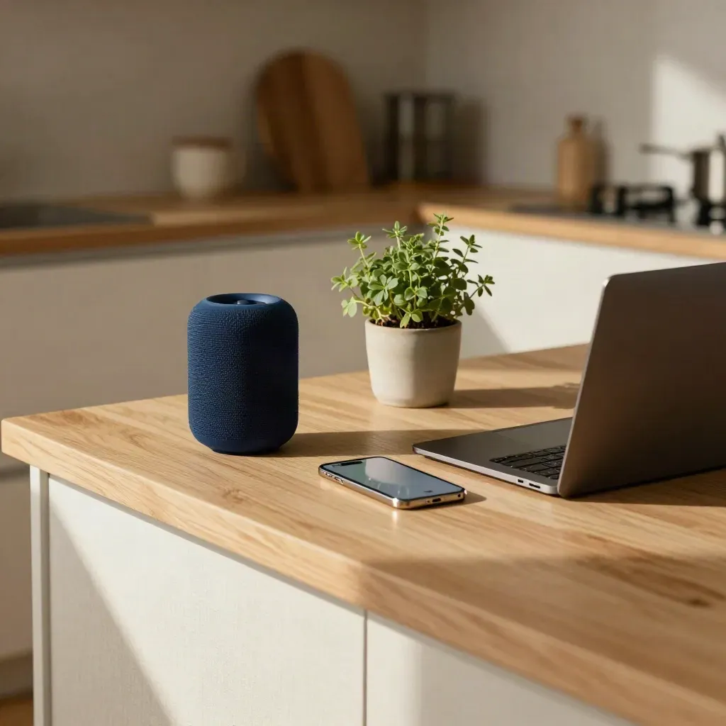 Smart Speaker, Laptop, Smartphone und Pflanze auf einer warmen Küchenzeile im Morgenlicht
