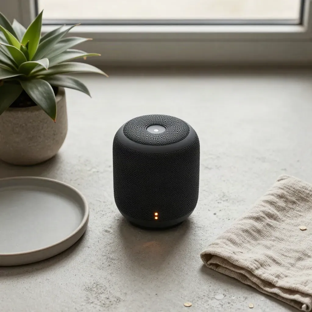 Smart Speaker mit Pflänzchen, Keramikschale und Leinentuch auf hellem Stein.
