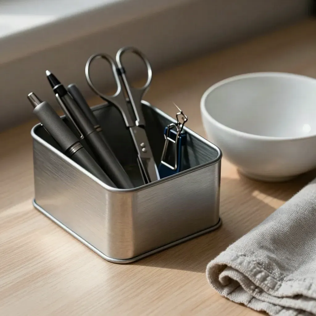 Metall-Organizer mit Stiften, Schere und Keramikschale auf hellem Holz.